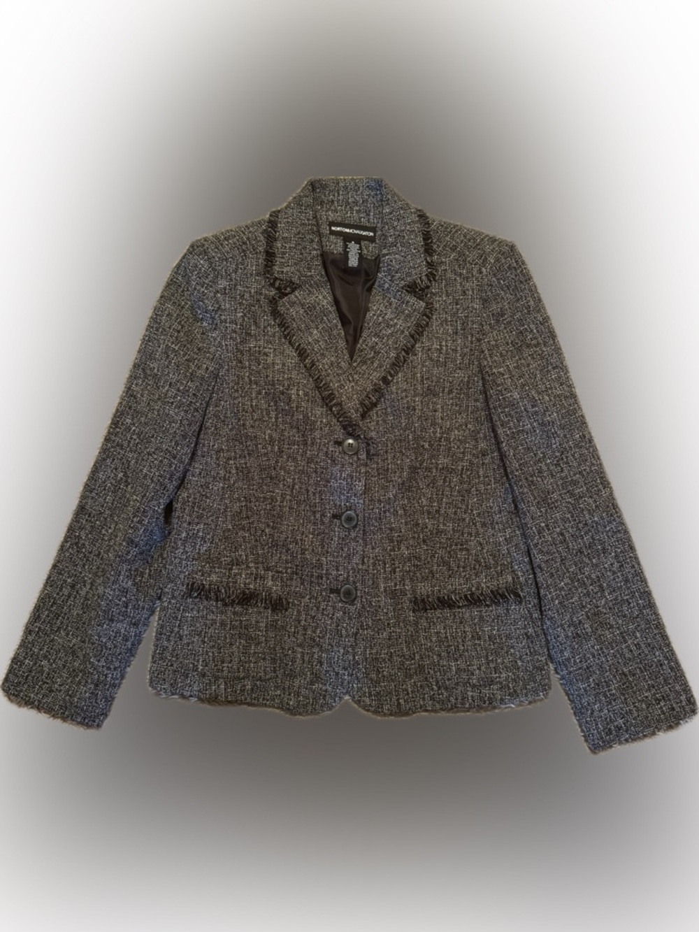 Norton McNaughton Charcoal Black White Tweed Fringe-Trim Suit Jacket